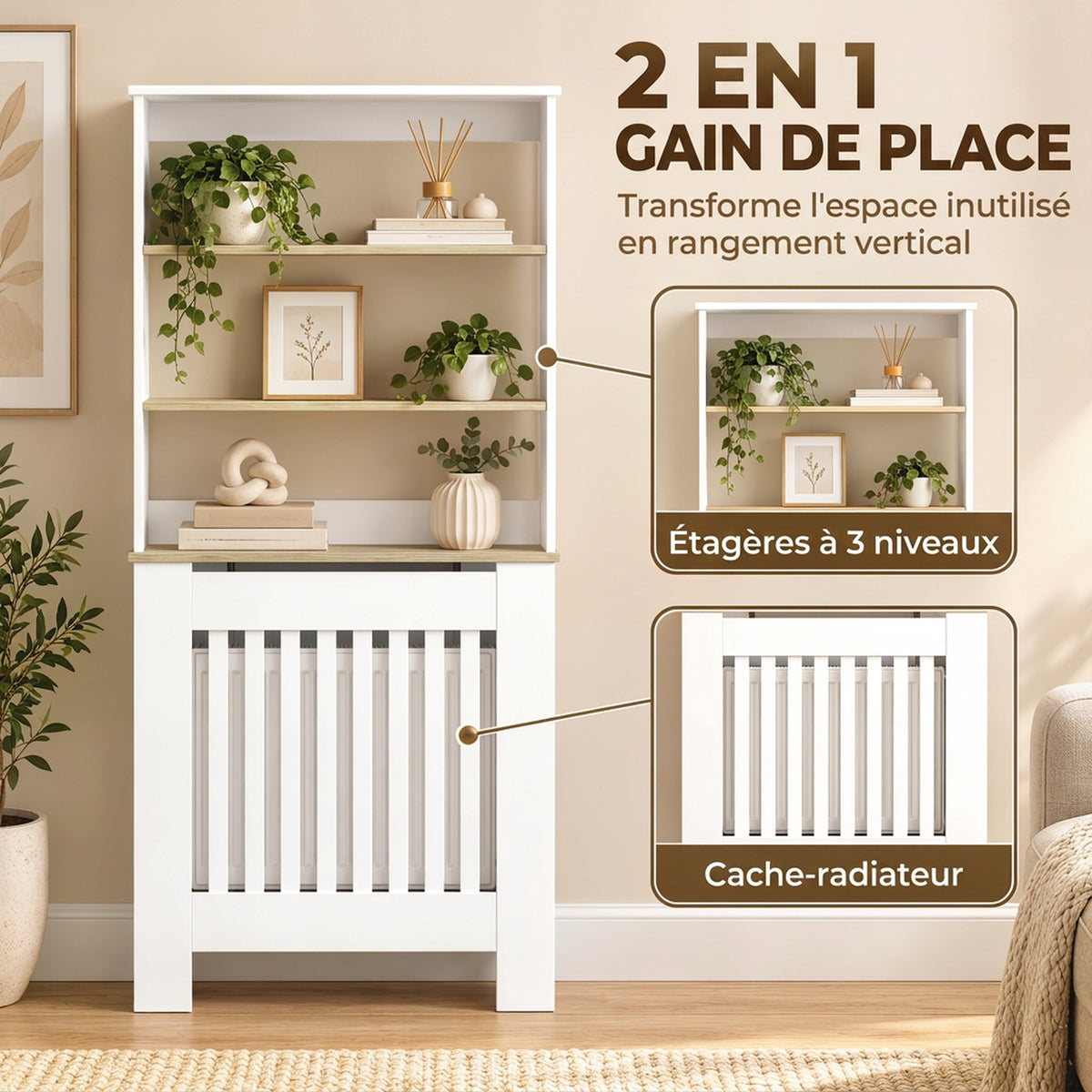 Couvercle de Radiateur en Bois, Cache Radiateur Moderne à Lattes avec Étagères à 3 Niveaux, 78 x 19 x 165 cm, Blanc