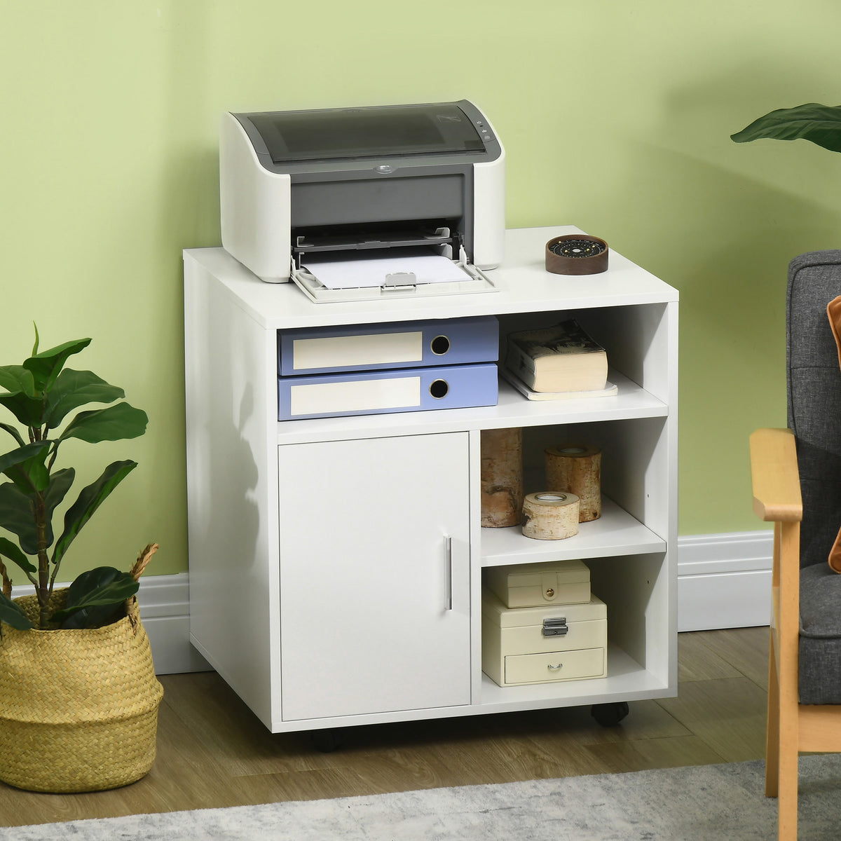 Support d'imprimante organiseur bureau caisson placard porte 3 niches + grand plateau panneaux particules blanc