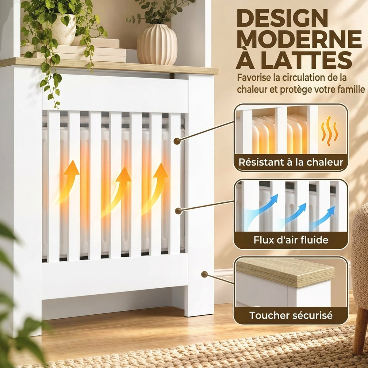 Couvercle de Radiateur en Bois, Cache Radiateur Moderne à Lattes avec Étagères à 3 Niveaux, 78 x 19 x 165 cm, Blanc