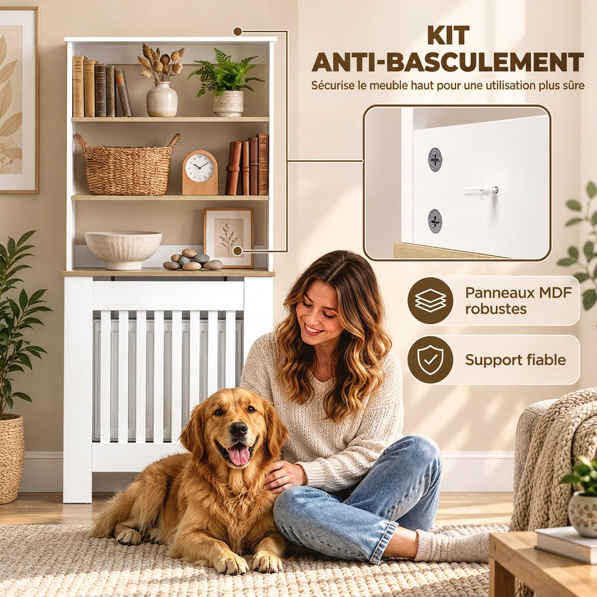 Couvercle de Radiateur en Bois, Cache Radiateur Moderne à Lattes avec Étagères à 3 Niveaux, 78 x 19 x 165 cm, Blanc