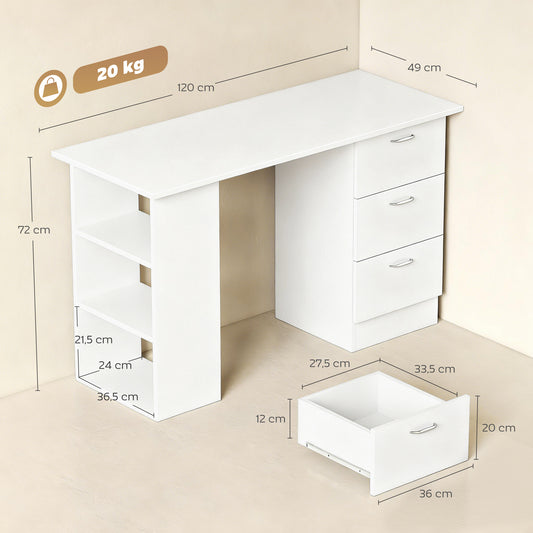 Bureau d'ordinateur avec 3 tiroirs et 3 étagères ouvertes, 120x49x72cm, bureau avec rangement réversible, style moderne, table informatique pour chambre, petit espace, télétravail, blanc